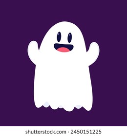 Lindo fantasma flotando con la cesta de calabaza de Halloween para truco o trato. Divertido personaje de libro espeluznante. Espantado fantasma con expresión de cara sonriente feliz. Ilustración vectorial plana para niños aislados.