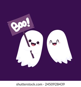 Cute ghost floating with Halloween pumpkin basket for Trick or Treat. Funny spooky boo character. Spook phantom with happy smiling face expression. Isolated kids flat vector illustration.