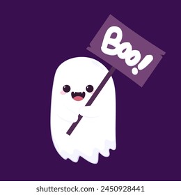 Cute ghost floating with Halloween pumpkin basket for Trick or Treat. Funny spooky boo character. Spook phantom with happy smiling face expression. Isolated kids flat vector illustration.