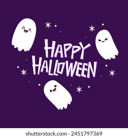 Cute ghost floating with Halloween pumpkin basket for Trick or Treat. Funny spooky boo character. Spook phantom with happy smiling face expression. Isolated kids flat vector illustration.