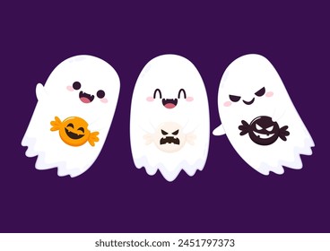 Lindo fantasma flotando con la cesta de calabaza de Halloween para truco o trato. Divertido personaje de libro espeluznante. Espantado fantasma con expresión de cara sonriente feliz. Ilustración vectorial plana para niños aislados.