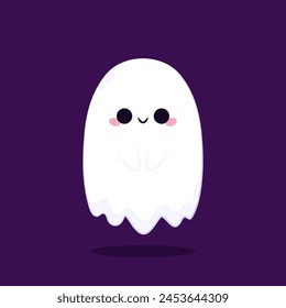 Cute ghost floating with Halloween pumpkin basket for Trick or Treat. Funny spooky boo character. Spook phantom with happy smiling face expression. Isolated kids flat vector illustration.