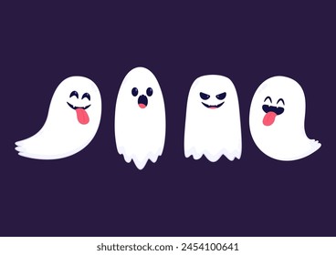 Cute ghost floating with Halloween pumpkin basket for Trick or Treat. Funny spooky boo character. Spook phantom with happy smiling face expression. Isolated kids flat vector illustration.