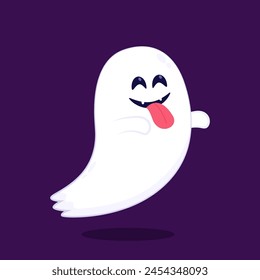 Cute ghost floating with Halloween pumpkin basket for Trick or Treat. Funny spooky boo character. Spook phantom with happy smiling face expression. Isolated kids flat vector illustration.