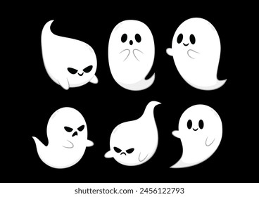 Cute ghost floating with Halloween pumpkin basket for Trick or Treat. Funny spooky boo character. Spook phantom with happy smiling face expression. Isolated kids flat vector illustration.