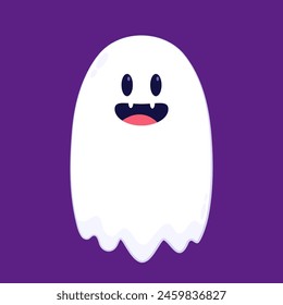 Cute ghost floating with Halloween pumpkin basket for Trick or Treat. Funny spooky boo character. Spook phantom with happy smiling face expression. Isolated kids flat vector illustration.