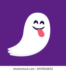 Cute ghost floating with Halloween pumpkin basket for Trick or Treat. Funny spooky boo character. Spook phantom with happy smiling face expression. Isolated kids flat vector illustration.