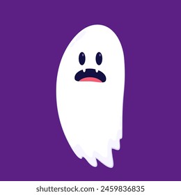 Cute ghost floating with Halloween pumpkin basket for Trick or Treat. Funny spooky boo character. Spook phantom with happy smiling face expression. Isolated kids flat vector illustration.