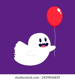 Cute ghost floating with Halloween pumpkin basket for Trick or Treat. Funny spooky boo character. Spook phantom with happy smiling face expression. Isolated kids flat vector illustration.