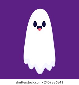 Lindo fantasma flotando con la cesta de calabaza de Halloween para truco o trato. Divertido personaje de libro espeluznante. Espantado fantasma con expresión de cara sonriente feliz. Ilustración vectorial plana para niños aislados.
