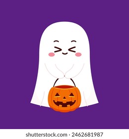 Lindo fantasma flotando con la cesta de calabaza de Halloween para truco o trato. Divertido personaje de libro espeluznante. Espantado fantasma con expresión de cara sonriente feliz. Ilustración vectorial plana para niños aislados.