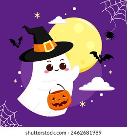 Cute ghost floating with Halloween pumpkin basket for Trick or Treat. Funny spooky boo character. Spook phantom with happy smiling face expression. Isolated kids flat vector illustration.