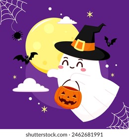 Cute ghost floating with Halloween pumpkin basket for Trick or Treat. Funny spooky boo character. Spook phantom with happy smiling face expression. Isolated kids flat vector illustration.