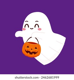 Cute ghost floating with Halloween pumpkin basket for Trick or Treat. Funny spooky boo character. Spook phantom with happy smiling face expression. Isolated kids flat vector illustration.