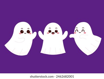 Cute ghost floating with Halloween pumpkin basket for Trick or Treat. Funny spooky boo character. Spook phantom with happy smiling face expression. Isolated kids flat vector illustration.
