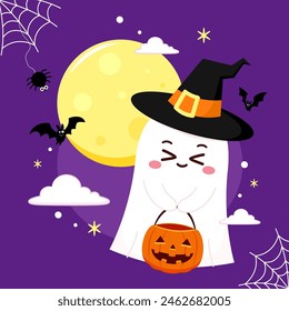 Cute ghost floating with Halloween pumpkin basket for Trick or Treat. Funny spooky boo character. Spook phantom with happy smiling face expression. Isolated kids flat vector illustration.