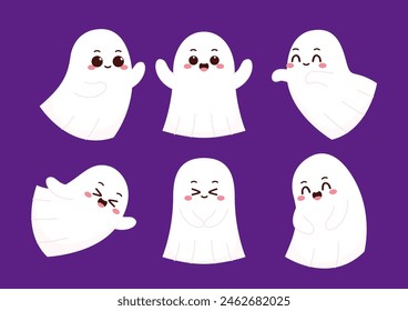Cute ghost floating with Halloween pumpkin basket for Trick or Treat. Funny spooky boo character. Spook phantom with happy smiling face expression. Isolated kids flat vector illustration.