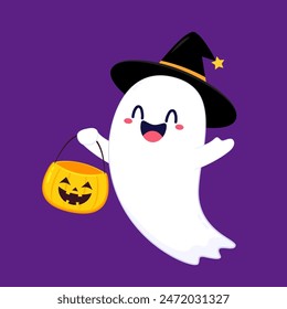 Cute ghost floating with Halloween pumpkin basket for Trick or Treat. Funny spooky boo character. Spook phantom with happy smiling face expression. Isolated kids flat vector illustration.