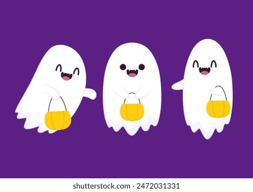 Cute ghost floating with Halloween pumpkin basket for Trick or Treat. Funny spooky boo character. Spook phantom with happy smiling face expression. Isolated kids flat vector illustration.