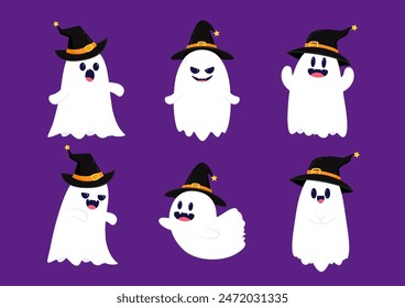 Cute ghost floating with Halloween pumpkin basket for Trick or Treat. Funny spooky boo character. Spook phantom with happy smiling face expression. Isolated kids flat vector illustration.