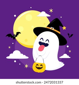 Cute ghost floating with Halloween pumpkin basket for Trick or Treat. Funny spooky boo character. Spook phantom with happy smiling face expression. Isolated kids flat vector illustration.