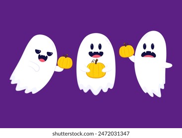 Cute ghost floating with Halloween pumpkin basket for Trick or Treat. Funny spooky boo character. Spook phantom with happy smiling face expression. Isolated kids flat vector illustration.