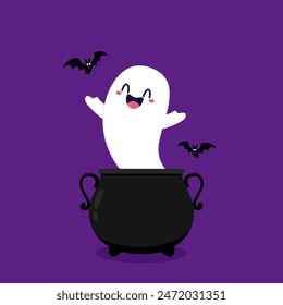 Lindo fantasma flotando con la cesta de calabaza de Halloween para truco o trato. Divertido personaje de libro espeluznante. Espantado fantasma con expresión de cara sonriente feliz. Ilustración vectorial plana para niños aislados.