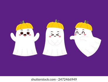 Cute ghost floating with Halloween pumpkin basket for Trick or Treat. Funny spooky boo character. Spook phantom with happy smiling face expression. Isolated kids flat vector illustration.