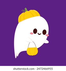 Cute ghost floating with Halloween pumpkin basket for Trick or Treat. Funny spooky boo character. Spook phantom with happy smiling face expression. Isolated kids flat vector illustration.