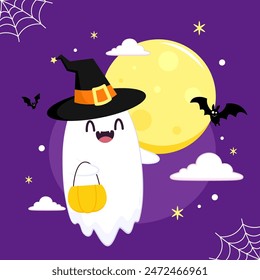 Cute ghost floating with Halloween pumpkin basket for Trick or Treat. Funny spooky boo character. Spook phantom with happy smiling face expression. Isolated kids flat vector illustration.