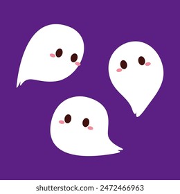 Cute ghost floating with Halloween pumpkin basket for Trick or Treat. Funny spooky boo character. Spook phantom with happy smiling face expression. Isolated kids flat vector illustration.