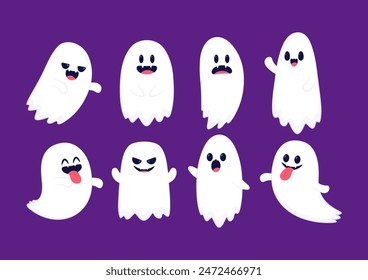 Cute ghost floating with Halloween pumpkin basket for Trick or Treat. Funny spooky boo character. Spook phantom with happy smiling face expression. Isolated kids flat vector illustration.