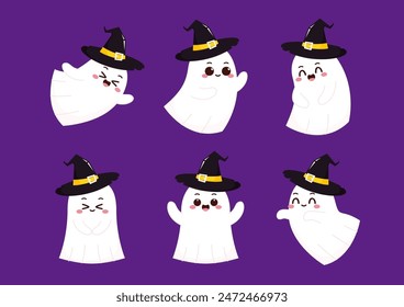 Cute ghost floating with Halloween pumpkin basket for Trick or Treat. Funny spooky boo character. Spook phantom with happy smiling face expression. Isolated kids flat vector illustration.