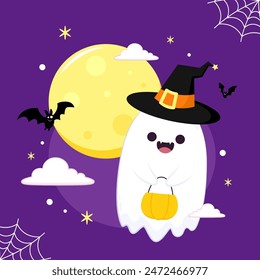 Cute ghost floating with Halloween pumpkin basket for Trick or Treat. Funny spooky boo character. Spook phantom with happy smiling face expression. Isolated kids flat vector illustration.