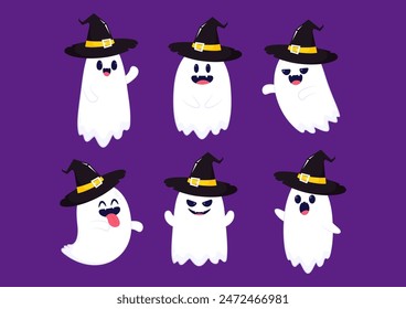 Lindo fantasma flotando con la cesta de calabaza de Halloween para truco o trato. Divertido personaje de libro espeluznante. Espantado fantasma con expresión de cara sonriente feliz. Ilustración vectorial plana para niños aislados.