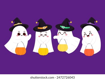 Netter Geist schwimmend mit Halloween Kürbiskorb für Trick or Treat. Lustige gruselige Buchfigur. Spook Phantom mit glücklich lächelnden Gesichtsausdruck. Isolierte Kinder flache Vektorillustration.