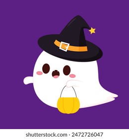 Cute ghost floating with Halloween pumpkin basket for Trick or Treat. Funny spooky boo character. Spook phantom with happy smiling face expression. Isolated kids flat vector illustration.