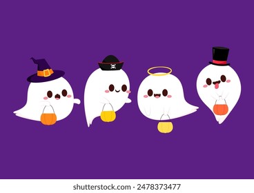 Cute ghost floating with Halloween pumpkin basket for Trick or Treat. Funny spooky boo character. Spook phantom with happy smiling face expression. Isolated kids flat vector illustration.