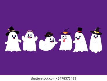 Lindo fantasma flotando con la cesta de calabaza de Halloween para truco o trato. Divertido personaje de libro espeluznante. Espantado fantasma con expresión de cara sonriente feliz. Ilustración vectorial plana para niños aislados.