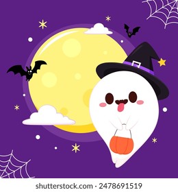 Cute ghost floating with Halloween pumpkin basket for Trick or Treat. Funny spooky boo character. Spook phantom with happy smiling face expression. Isolated kids flat vector illustration.