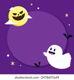 Lindo fantasma flotando con la cesta de calabaza de Halloween para truco o trato. Divertido personaje de libro espeluznante. Espantado fantasma con expresión de cara sonriente feliz. Ilustración vectorial plana para niños aislados.