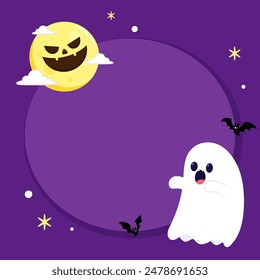 Cute ghost floating with Halloween pumpkin basket for Trick or Treat. Funny spooky boo character. Spook phantom with happy smiling face expression. Isolated kids flat vector illustration.