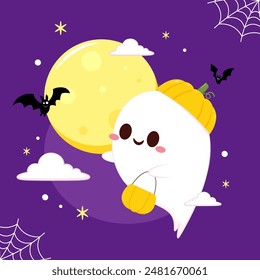 Cute ghost floating with Halloween pumpkin basket for Trick or Treat. Funny spooky boo character. Spook phantom with happy smiling face expression. Isolated kids flat vector illustration.