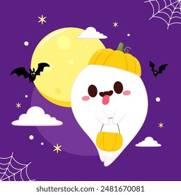 Cute ghost floating with Halloween pumpkin basket for Trick or Treat. Funny spooky boo character. Spook phantom with happy smiling face expression. Isolated kids flat vector illustration.