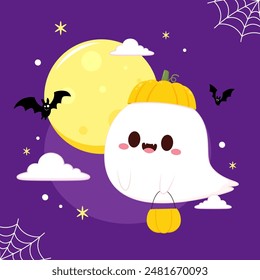 Cute ghost floating with Halloween pumpkin basket for Trick or Treat. Funny spooky boo character. Spook phantom with happy smiling face expression. Isolated kids flat vector illustration.