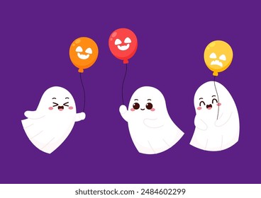 Cute ghost floating with Halloween pumpkin basket for Trick or Treat. Funny spooky boo character. Spook phantom with happy smiling face expression. Isolated kids flat vector illustration.