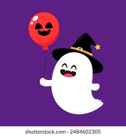 Cute ghost floating with Halloween pumpkin basket for Trick or Treat. Funny spooky boo character. Spook phantom with happy smiling face expression. Isolated kids flat vector illustration.