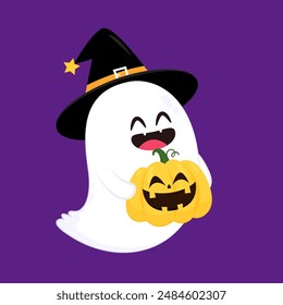 Cute ghost floating with Halloween pumpkin basket for Trick or Treat. Funny spooky boo character. Spook phantom with happy smiling face expression. Isolated kids flat vector illustration.