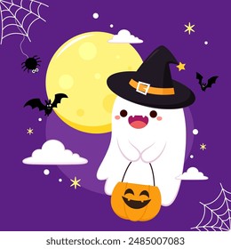 Cute ghost floating with Halloween pumpkin basket for Trick or Treat. Funny spooky boo character. Spook phantom with happy smiling face expression. Isolated kids flat vector illustration.