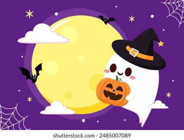 Cute ghost floating with Halloween pumpkin basket for Trick or Treat. Funny spooky boo character. Spook phantom with happy smiling face expression. Isolated kids flat vector illustration.